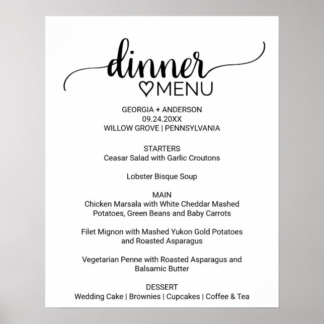 Poster Simple Noir Calligraphie Dîner Menu Signe (Devant)