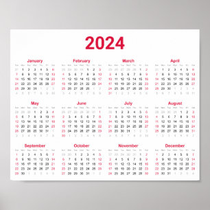 Poster Simple Rouge & Blanc 2024 Année En Aperçu Calendri