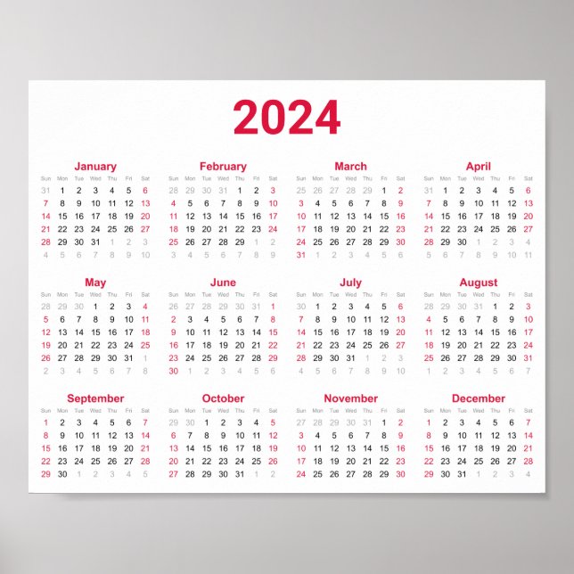 Poster Simple Rouge & Blanc 2024 Année En Aperçu Calendri (Devant)