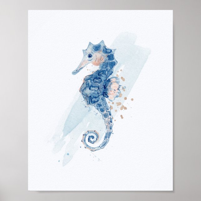 Poster Simple Seahorse bleu & or aquarelle Aquatique (Devant)