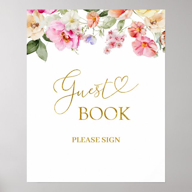 Poster Simple Spring Floral Guest Book Party Sign (Devant)