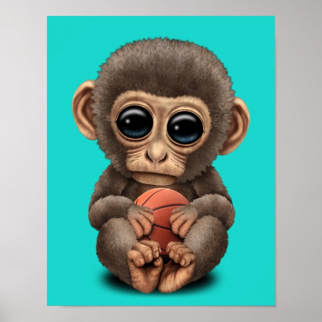 Poster Singe Bébé Mignonne Jouant Avec Basket-Ball (Devant)