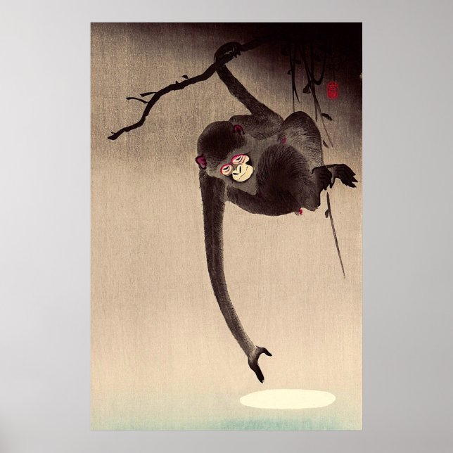 Poster Singe et Lune Ohara Koson Début du XXe siècle (Devant)
