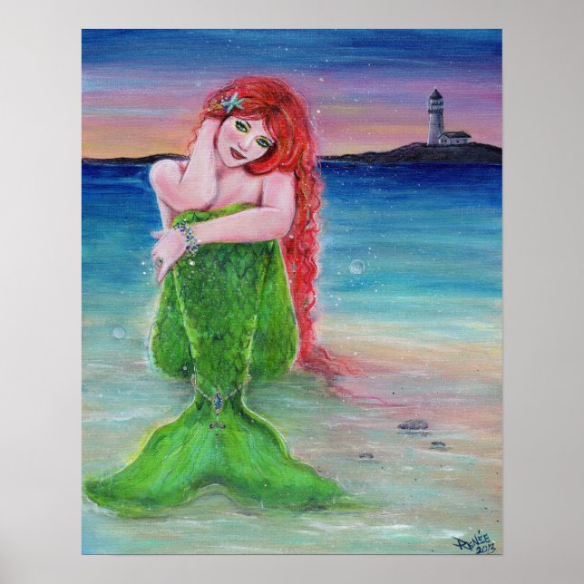 Poster Sirène à tête rouge sur la plage avec phare (Devant)