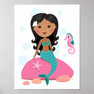 Poster sirène afro-américaine étoile de mer hippocampe