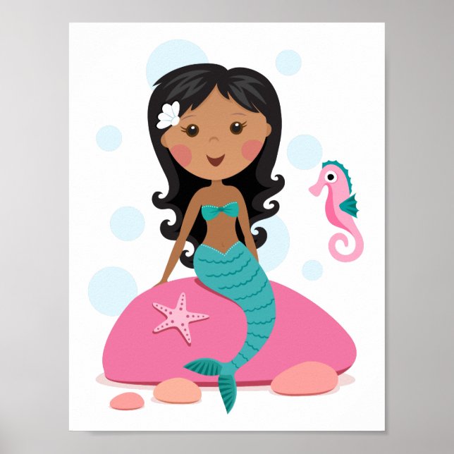 Poster sirène afro-américaine étoile de mer hippocampe (Devant)