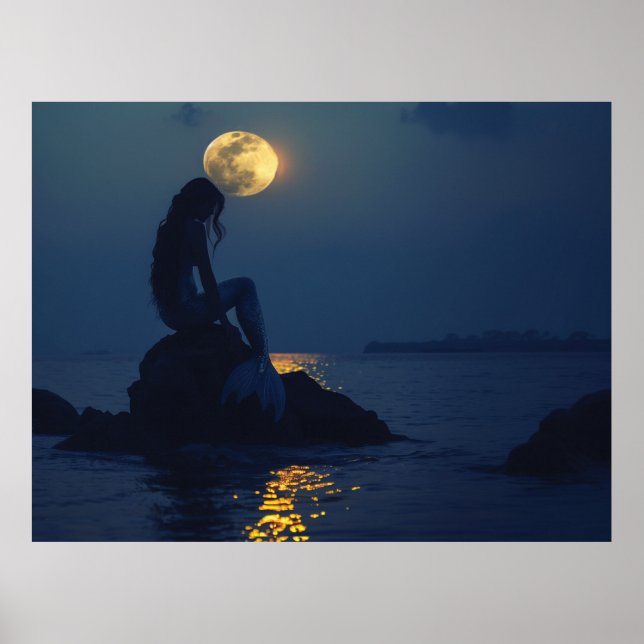 Poster Sirène assise sur un rocher la nuit (Devant)