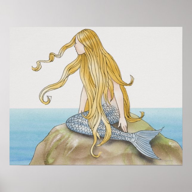 Poster Sirène blonde assise sur la roche de mer, vue laté (Devant)