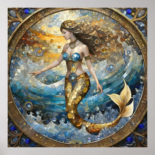 Poster Sirène dans les vagues de l'océan (Devant)