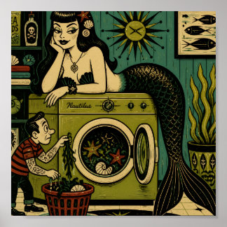 Poster Sirène de mer amusante du milieu du siècle Jour de