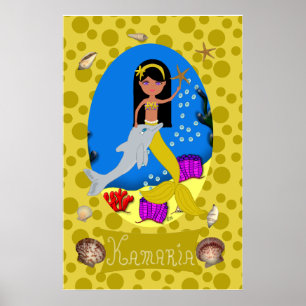 Poster Sirène d'or et dauphin