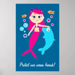 Poster Sirène et dauphin : Protégez nos amis océaniques !