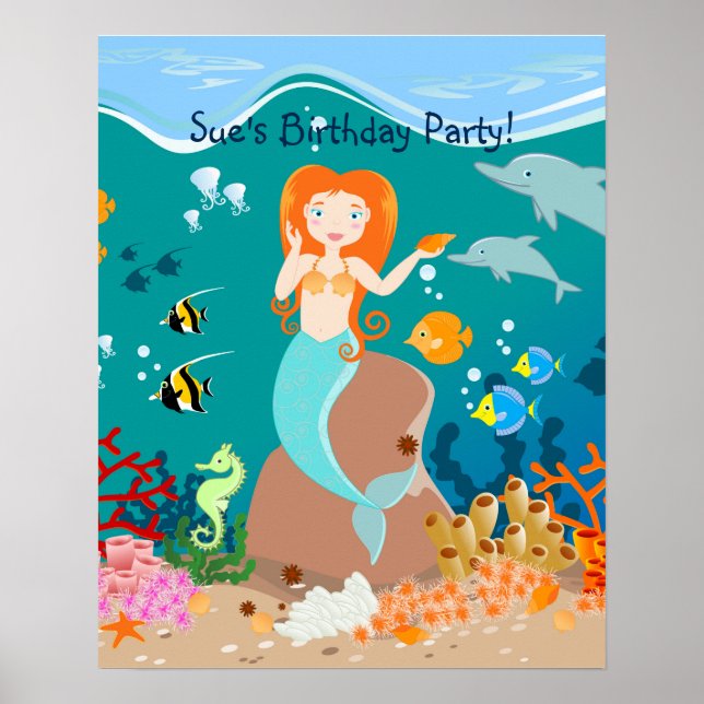 Poster Sirène et dauphins sous la mer fête d'anniversaire (Devant)