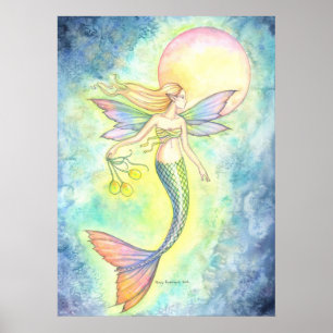 Poster Sirène et lune bulles fantaisie artistique