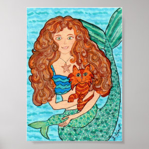 Poster Sirène magique avec Cat Folk Art