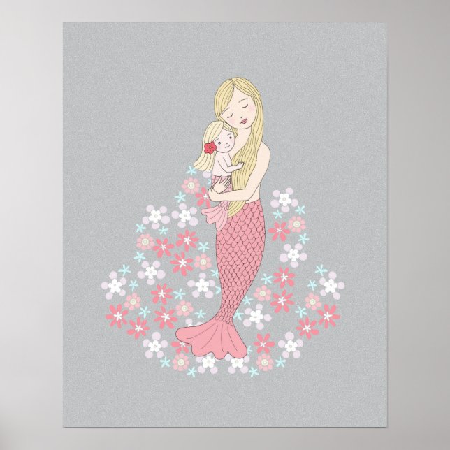 Poster Sirène maman et bébé fille Blonde sirène Floral (Devant)