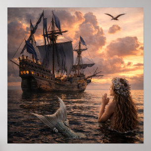 Poster Sirène regardant un navire à voiles