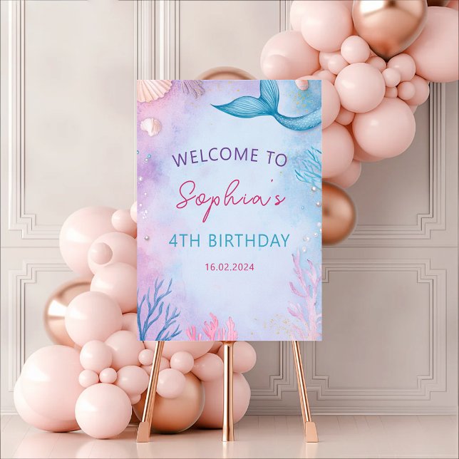 Poster Sirène Sous La Mer Aquarelle Bienvenue Anniversair (Créateur téléchargé)