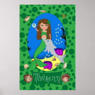 Poster Sirène verte et dauphin