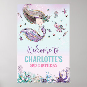 Poster Sirène Whimsical Anniversaire sous la mer Bienvenu
