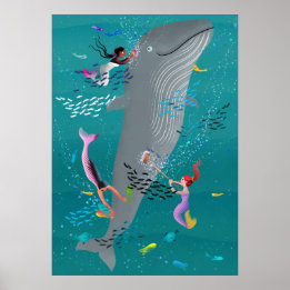 Poster Sirènes assistant à une baleine et nettoyant l'oce