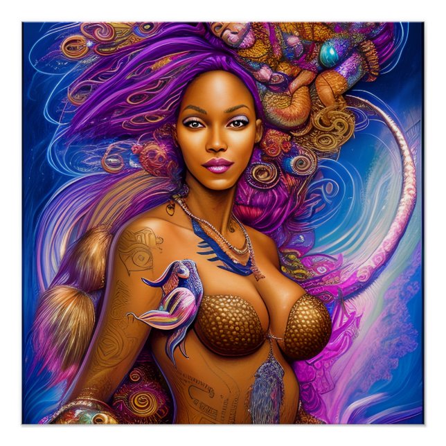 Poster Sirènes noires Mélanin Sirène Océan Poisson de mer (Devant)