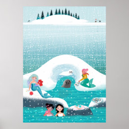 Poster Sirènes pique-niquant avec un phoque et un bébé