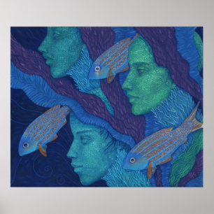 Poster Sirènes & Poissons, art fantastique surréaliste, s