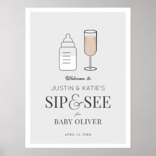 Poster Siroter et voir Champagne Grey Baby shower Bienven