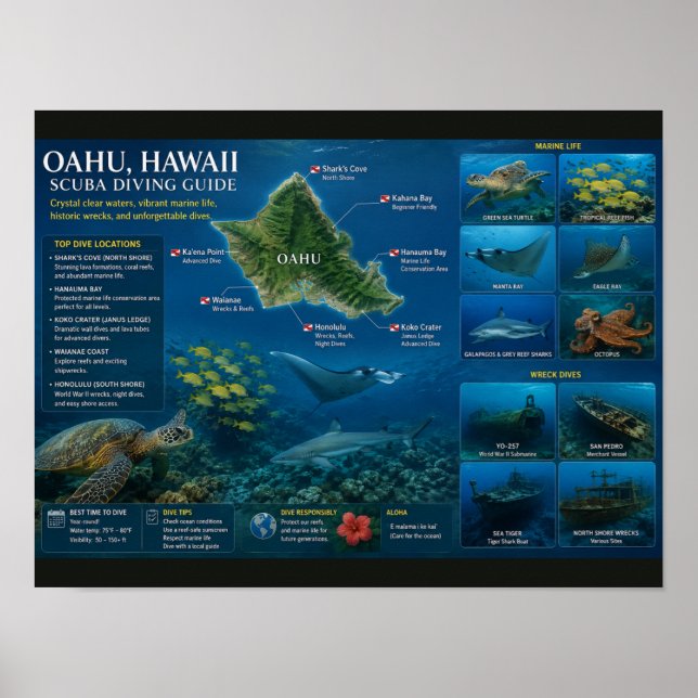 Poster Sites de plongée à Hawaï (Devant)