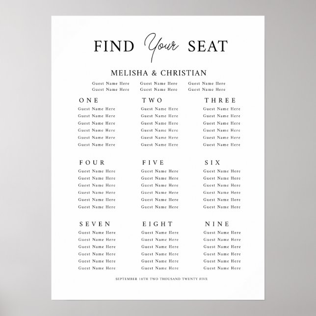 Poster-Sitzplan 9 Tische Hochzeit Poster (Vorne)