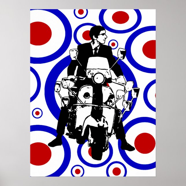 Poster Sixties Mod scooter garçon sur des cercles rétro (Devant)