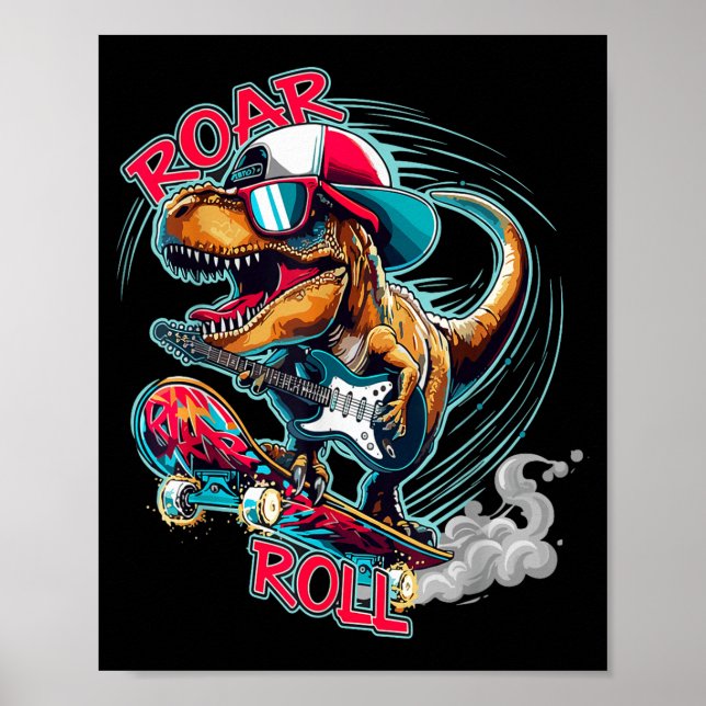 Poster Skater Guitar T-rex Roar Roll Dinosaur For Boys Me (Devant)