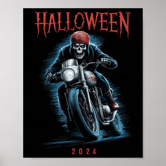 Poster Skeleton Biker déplaisant Sur Moto Halloween 2024 (Devant)