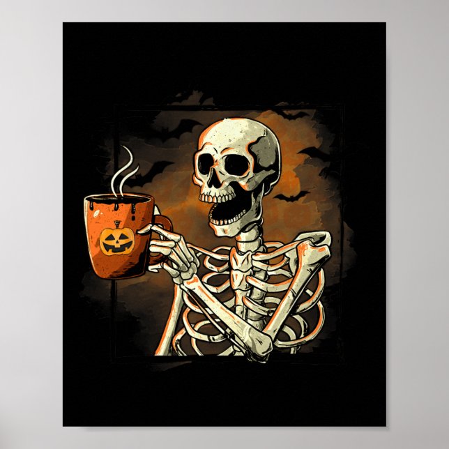 Poster Skeleton Boire Café Drôle Crâne Halloween Cos (Devant)