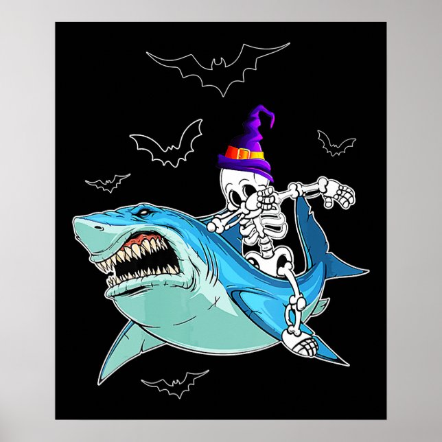 Poster Skeleton équitation requin drôle - Crazy Halloween (Devant)
