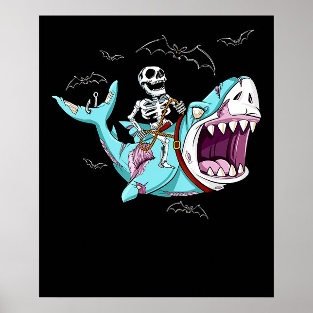 Poster Skeleton équitation Zombie Shark Funny Halloween c (Devant)