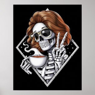 Poster Skeleton Hippie Boire du café