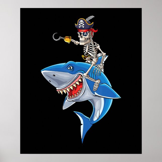 Poster Skeleton Pirate équitation Requin mignonette Garço (Devant)