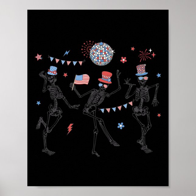 Poster Skeleton Retro 4 juillet Drapeau américain Skellie (Devant)