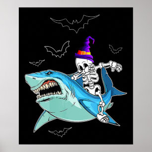 Poster Skeleton Riding Shark Funny - Crazy Halloween Gift