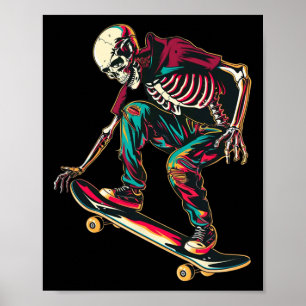 Poster Skeleton Skateboarding – Crâne de skater néon rétr