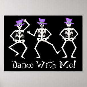 Poster Skeletons de danse noir blanc heureux Halloween