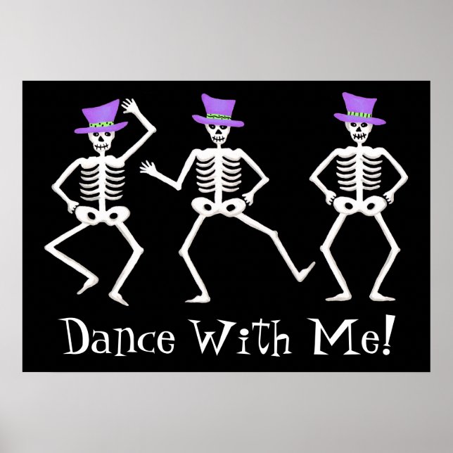 Poster Skeletons de danse noir blanc heureux Halloween (Devant)