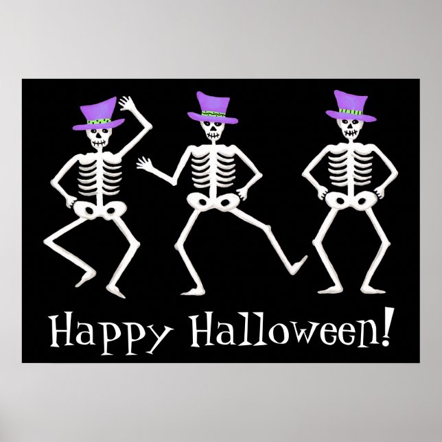 Poster Skeletons de danse noir blanc heureux Halloween (Devant)