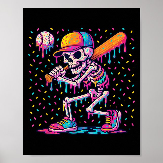 Poster Skelton Jouant au Baseball Halloween Baseball Drip (Devant)