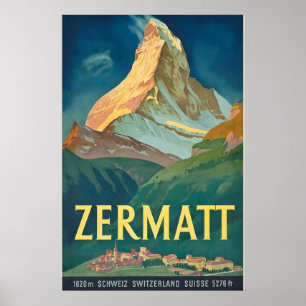 Poster Ski Alpes Zermatt Suisse Voyage Ancien