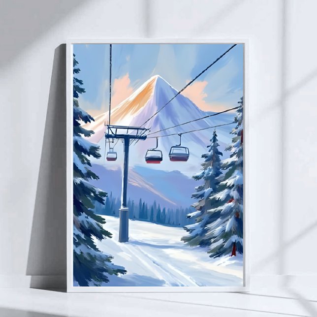 Poster Ski Lift | Mountain Winter Watercolor Skiing (Créateur téléchargé)