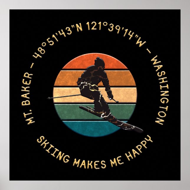 Poster Ski Mt. Baker, Washington - Man Skier, Texte Jaune (Devant)