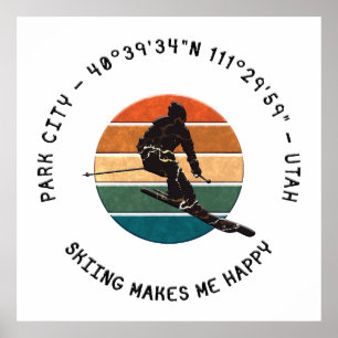 Poster Ski Park City, Utah - Man Skier, Texte noir